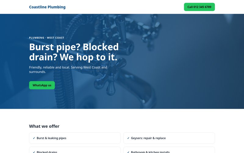 Coastline Plumbing, West Coast sample website
